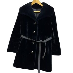 VTG Borgazia Black Rich Plush Faux Fur Sz 10 Belted Midi Coat Pockets Union READ